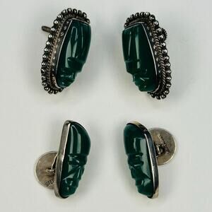 Sterling Silver Clip Earrings and Cufflinks Set with Carved Tribal Aztec Faces